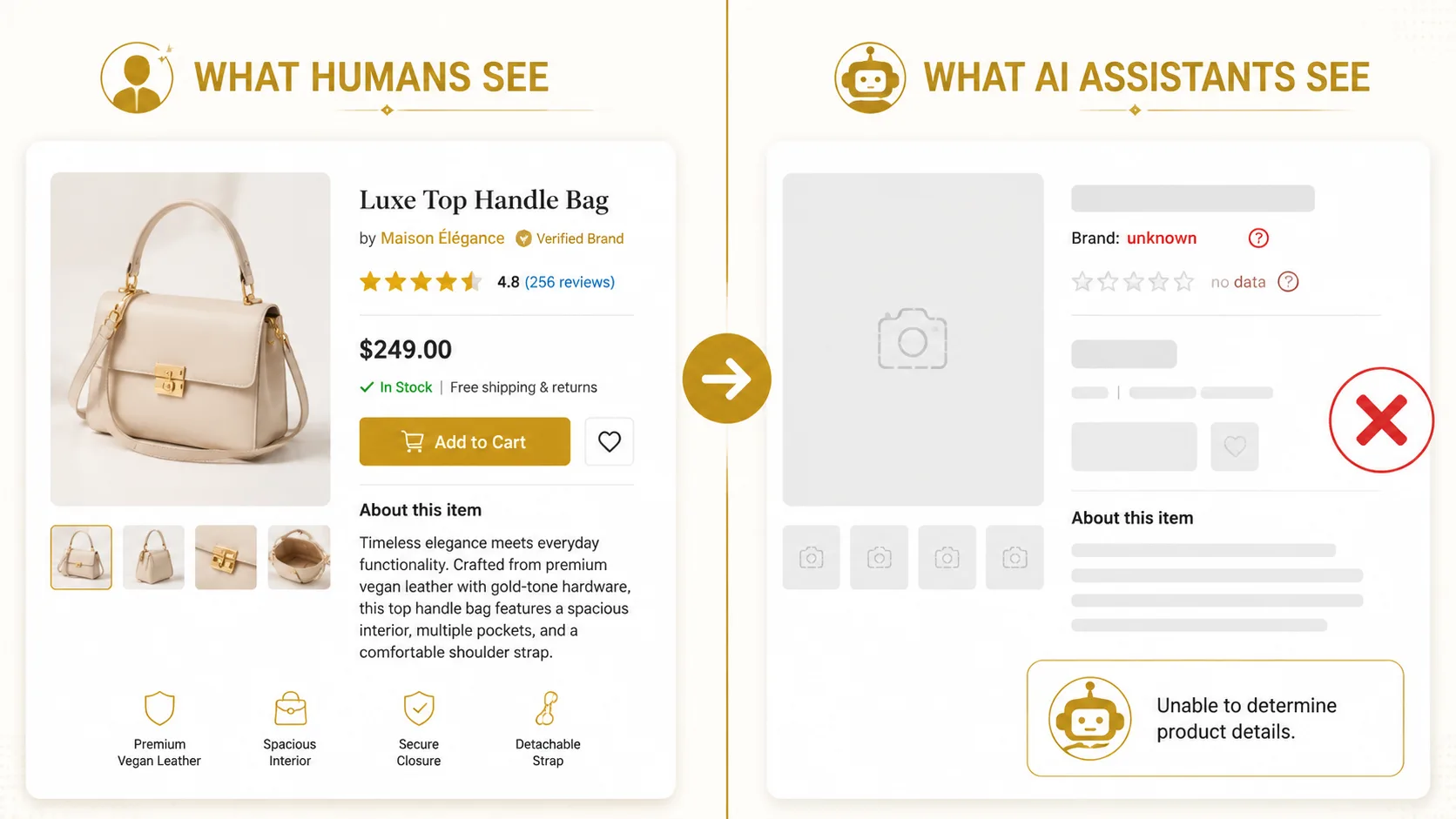 Split composition: left side shows a human seeing a beautiful product page with images and reviews, right side shows an AI shopping assistant seeing blank fields and 'unable to determine product details' — the structured data gap between human and machine understanding