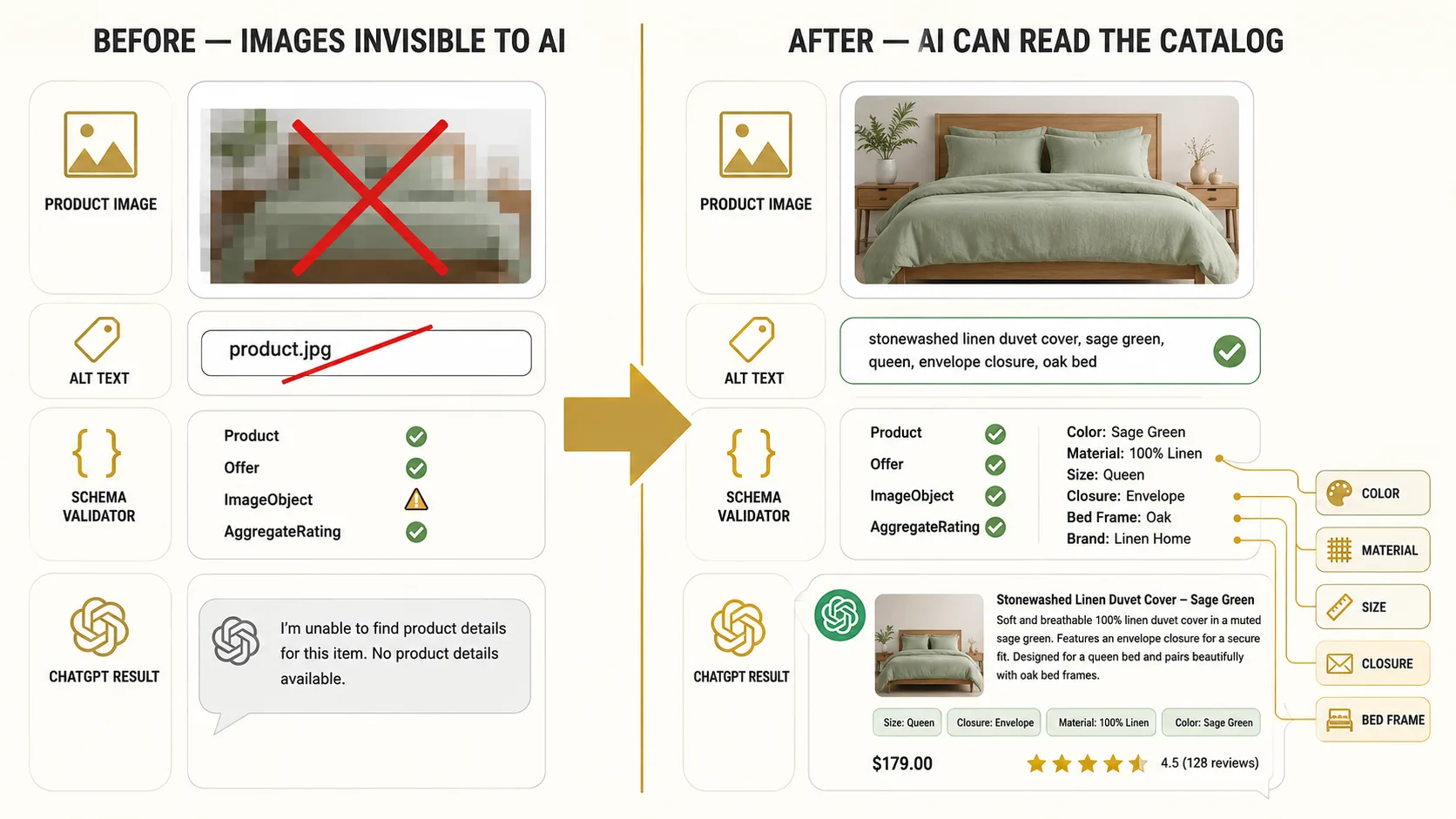 Before: beautifully photographed duvet cover with alt text 'duvet cover', AI assistant says 'no product details available' and skips the store. After: same photo with structured image metadata including color, material, size, closure type, and styling context, AI assistant extracts full product details and includes it in shopping recommendations