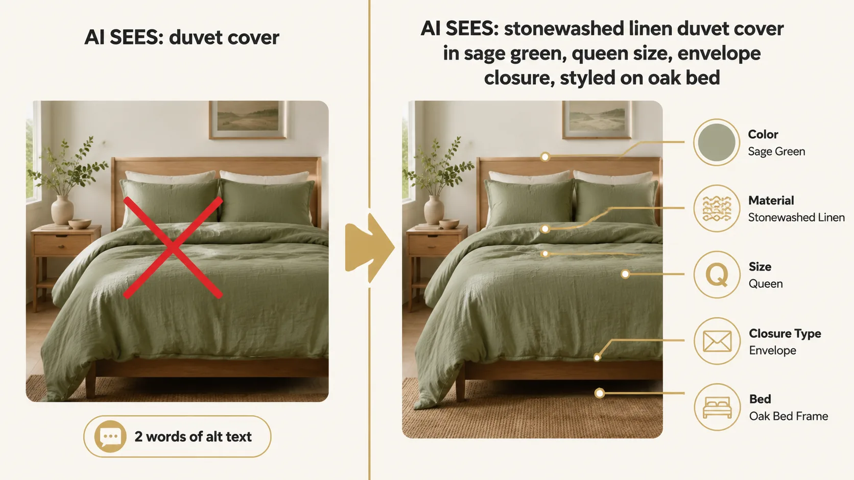 Split composition: left side shows a beautifully photographed linen duvet cover with a red X and text 'AI sees: duvet cover' — right side shows the same photo with descriptive callouts for color, material, size, closure type, and setting with text 'AI sees: stonewashed linen duvet cover in sage green, queen size, envelope closure, styled on oak bed'