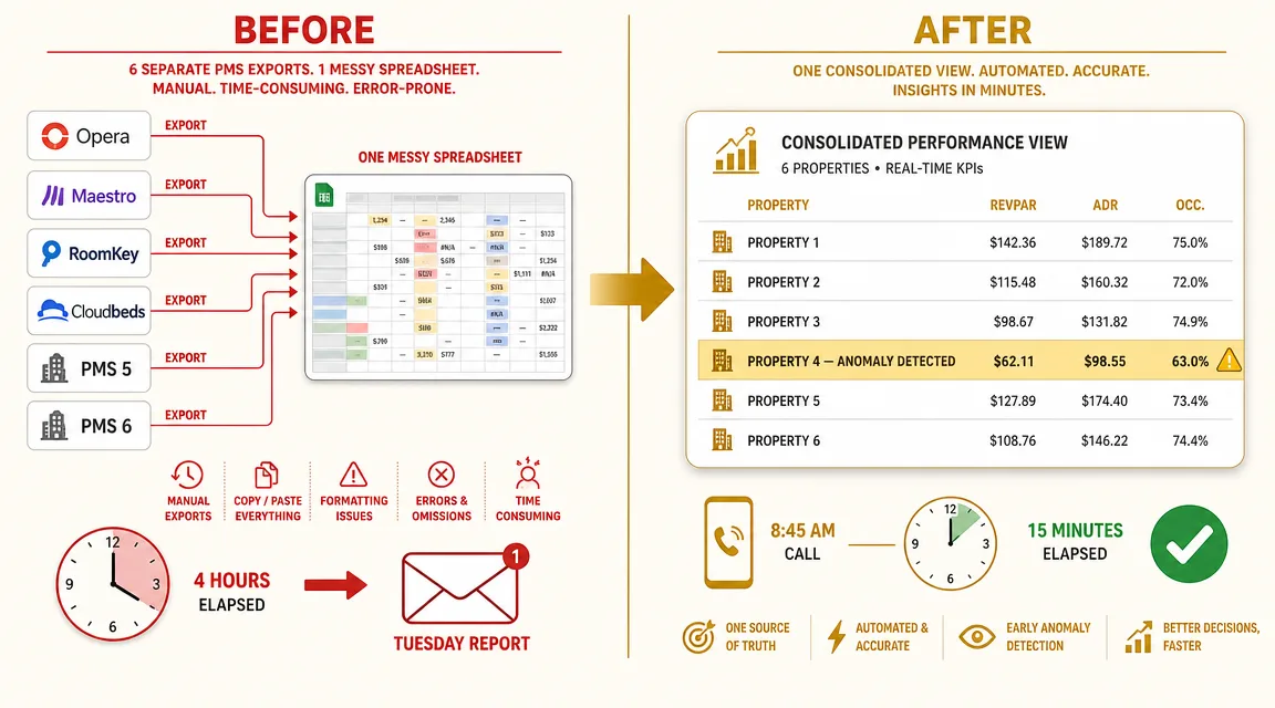 Before: 6 separate PMS systems feeding a spreadsheet taking 4 hours. After: one consolidated view with anomaly detection, 15-minute review.
