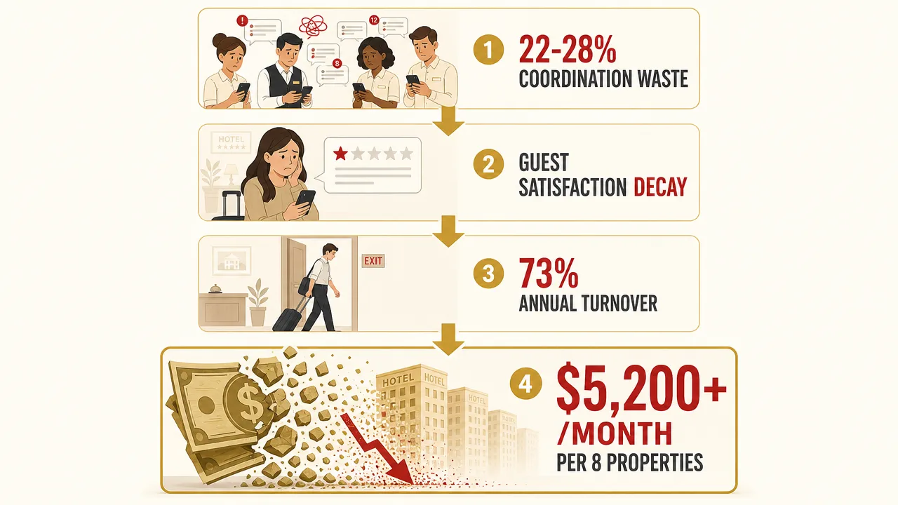 Cost stack infographic: 22-28% labor waste from coordination and rework, guest satisfaction decay from delayed responses, 73% staff turnover driven by firefighting, compounding across 8 properties at $5,200/month minimum