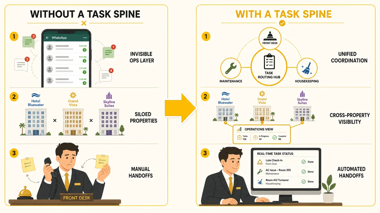 Hotel task chaos: WhatsApp messages, phone calls, and sticky notes vs structured task routing with cross-property visibility