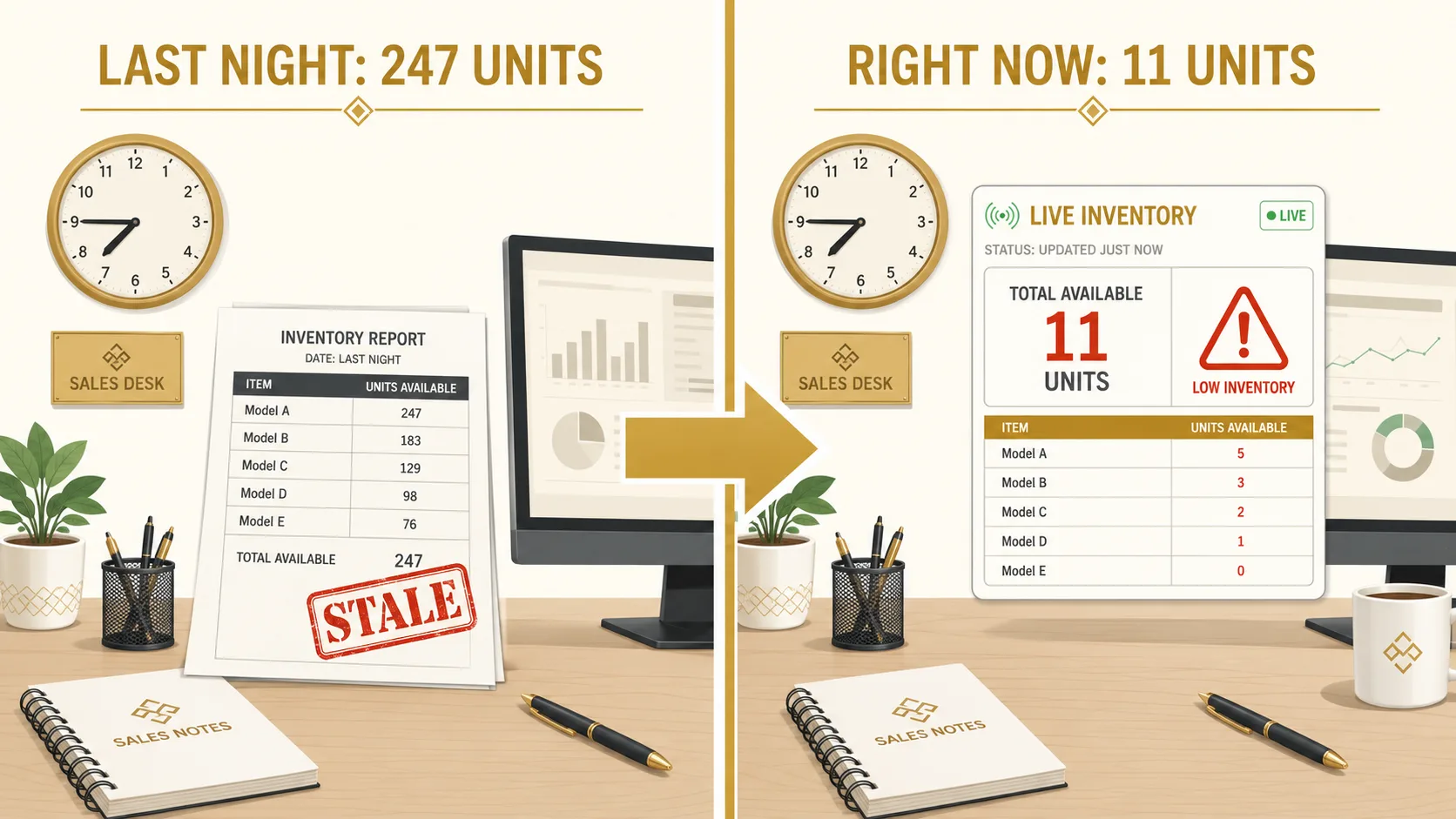Split composition: left side shows a sales desk with a printed inventory report from last night showing 247 units, right side shows the same desk with live yard-level data showing only 11 units actually available — the batch-cycle visibility gap
