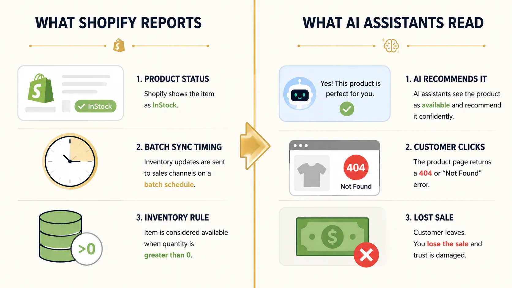 Split infographic: left panel shows Shopify admin showing InStock for a product that sold out overnight, right panel shows AI chat interface recommending the same product as available — the schema gap between what Shopify reports and what is actually buyable