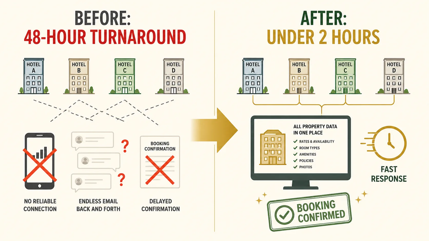 Before: fragmented property silos, phone chains, lost booking. After: portfolio view, one response, confirmed group booking