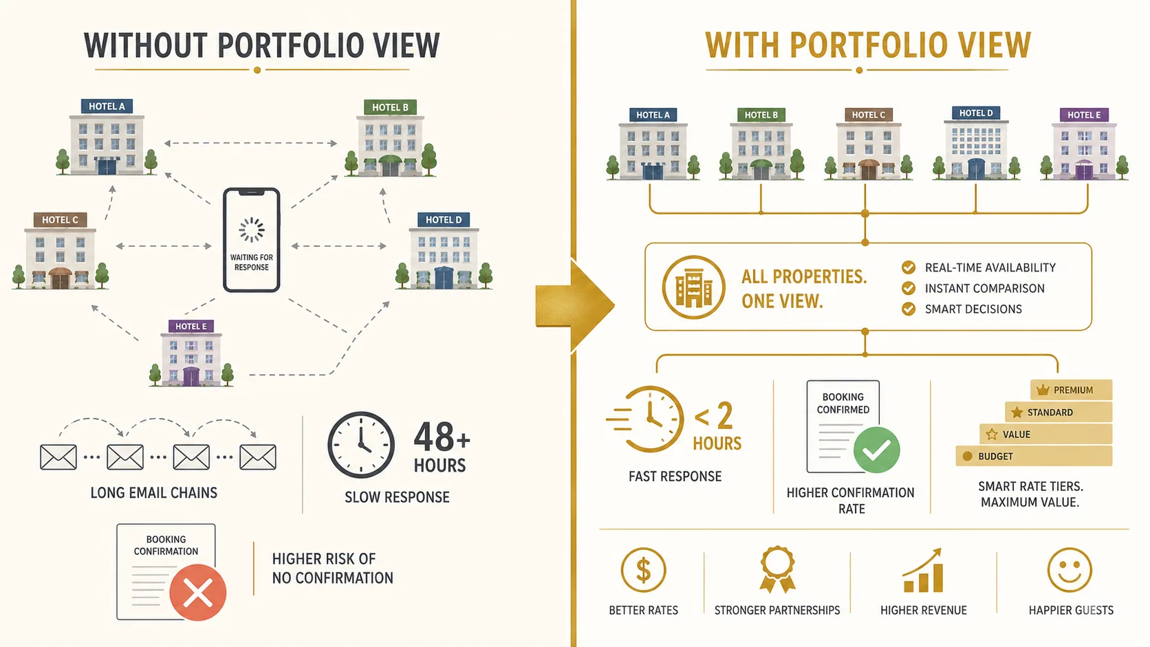 Before and after comparison: fragmented property availability vs single portfolio view for hotel group RFP response