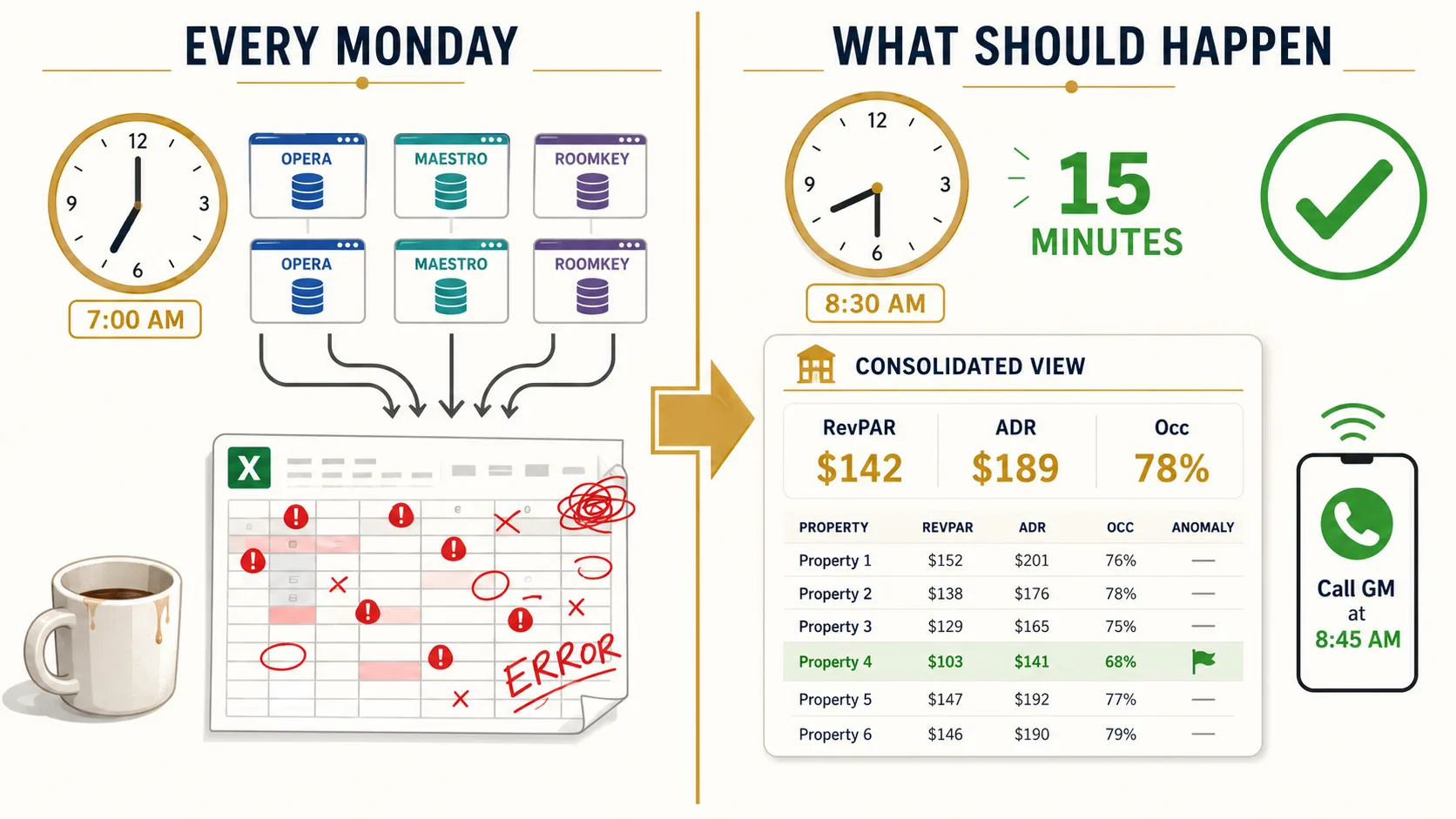 Monday morning spreadsheet ritual vs consolidated cross-property view showing time saved