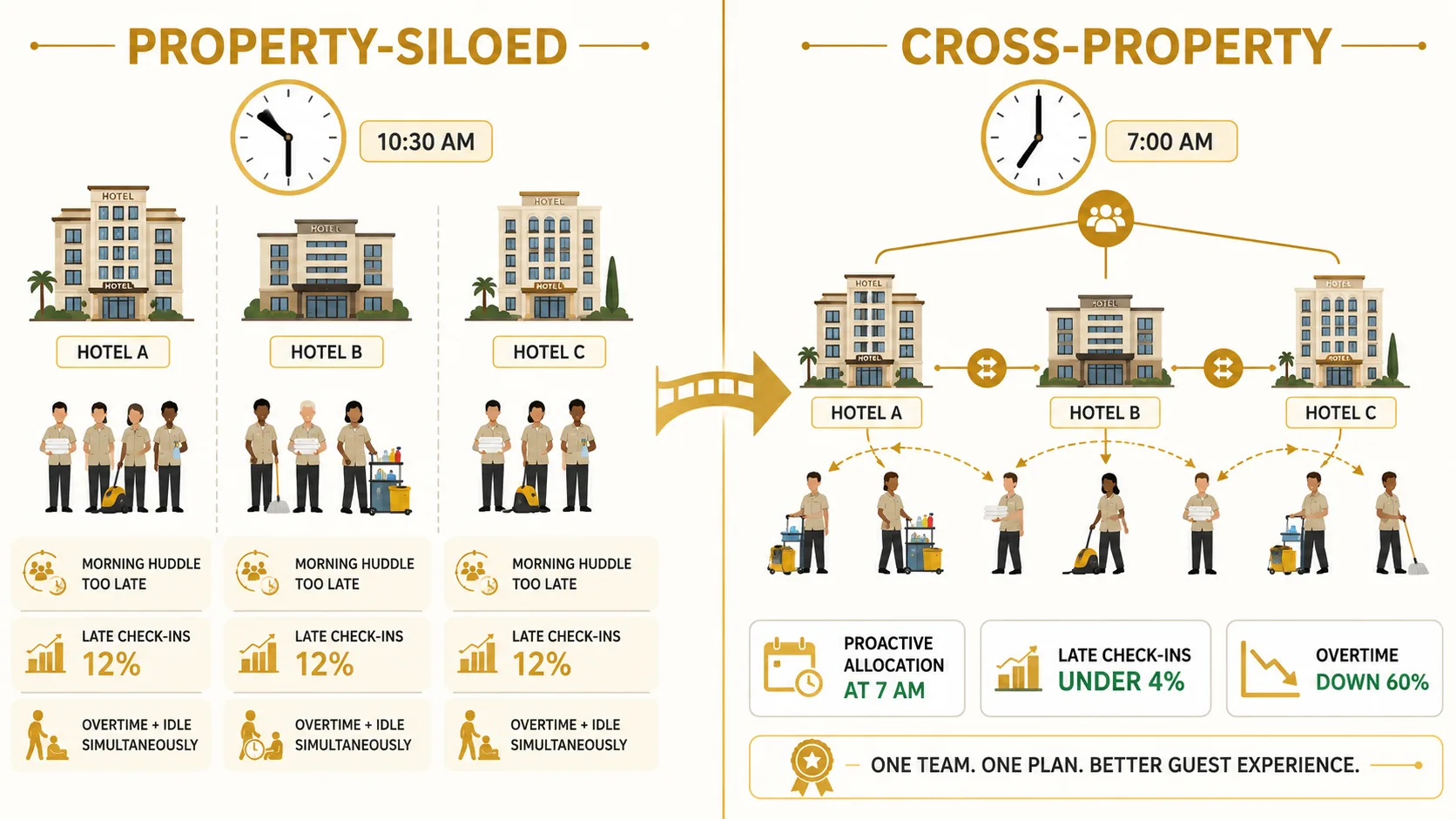 Before: Property-siloed housekeeping, morning huddle too late, late check-ins, overtime and idle labor simultaneously. After: Cross-property visibility at 7 AM, proactive staff allocation, late check-in rate drops from 12% to under 4%.