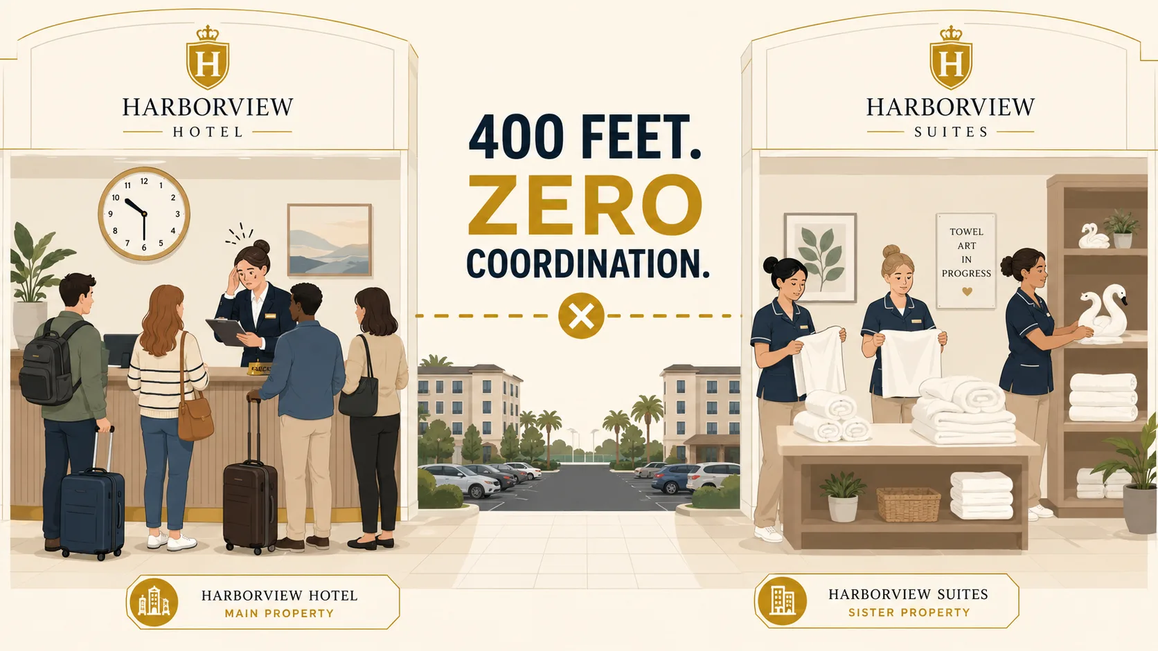 Housekeeping labor imbalance: one hotel lobby with guests waiting while idle housekeepers across the parking lot refold towels — the cross-property visibility gap PMSs cannot bridge