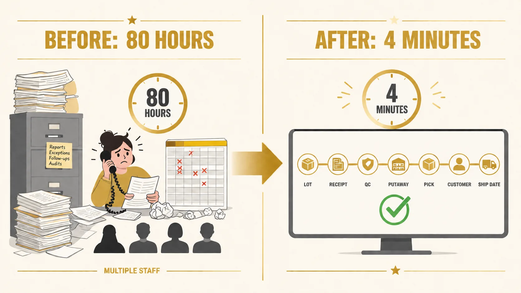 Before and after infographic: before shows 80 hours of manual traceability across paper tickets, calls, and spreadsheets; after shows a 4-minute database query producing a complete lot-to-customer trace chain