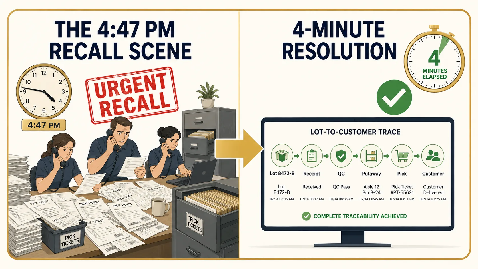 Split infographic: left side shows chaos of a recall response with spreadsheets, paper pick tickets, filing cabinets, and staff on phones, right side shows a single screen with lot-to-customer mapping and a 4-minute resolution