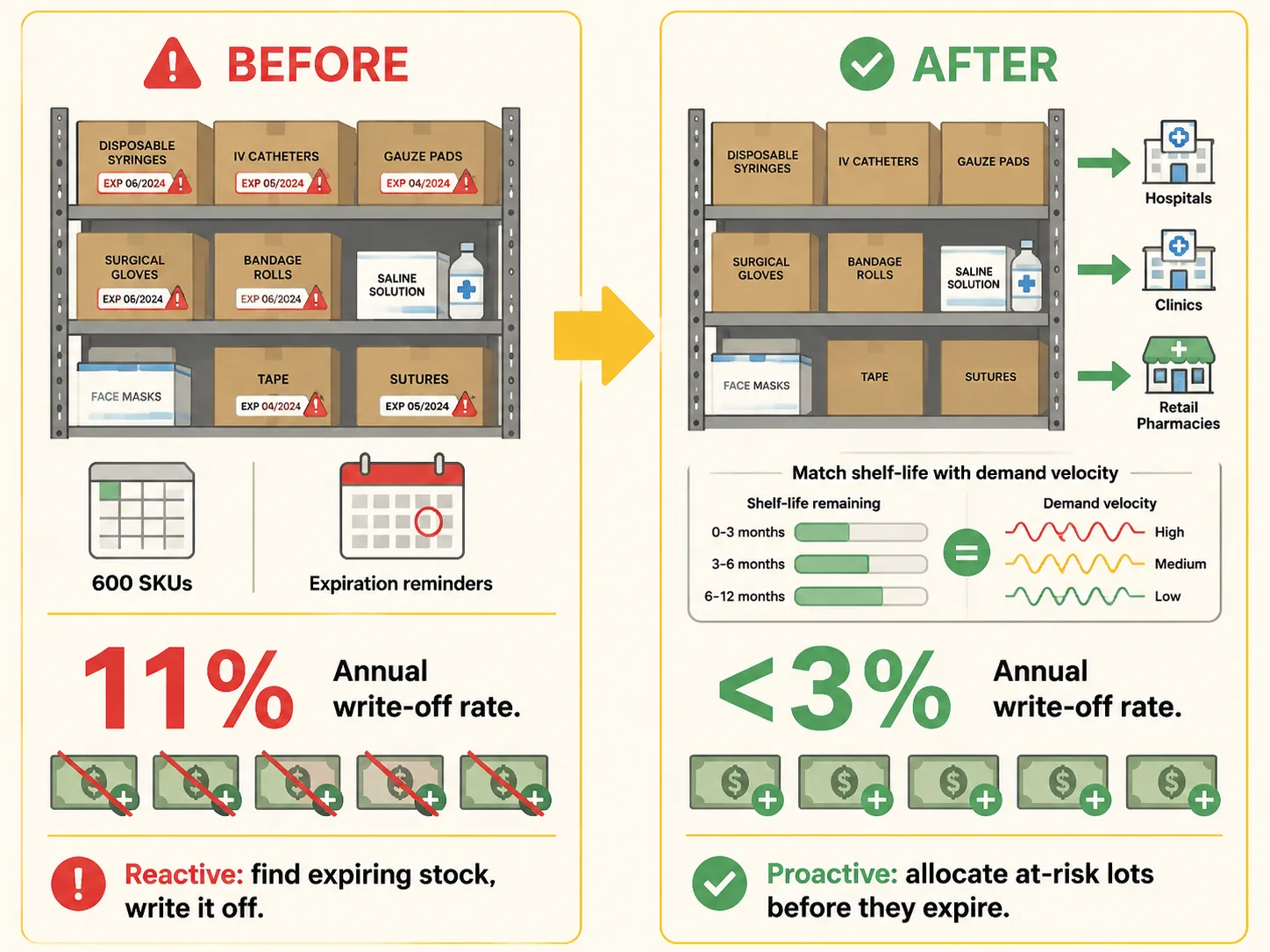 Before: ERP reorder logic treating all units equally, manual expiry tracking via spreadsheet, 11% write-off rate. After: shelf-life-aware allocation, 90-day risk window, dynamic lot rebalancing, under 3% write-off rate.