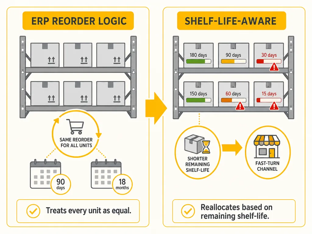 Expiry-driven write-off in medical supply: shelf life decay with ERP blind spot vs shelf-life-aware forecasting that catches risk 90 days out