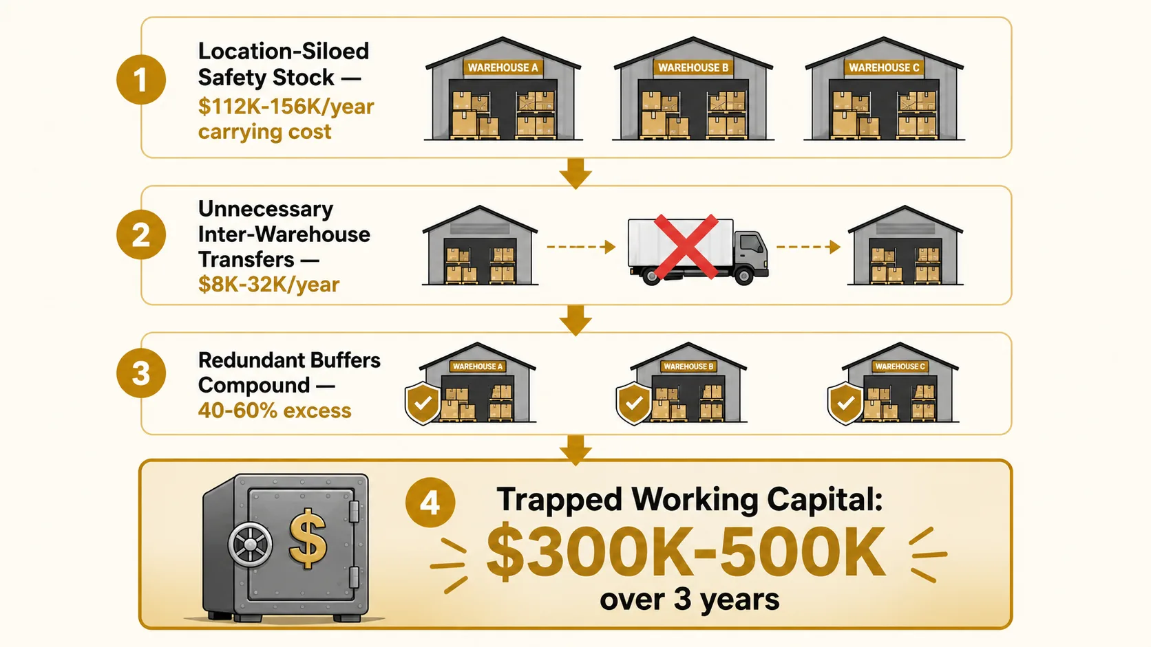 Three-tier cost escalation: $112-156K/year in redundant carrying cost, $8-32K/year in unnecessary inter-warehouse transfer logistics, $300-500K in trapped working capital from redundant safety buffers across 3 locations over 3 years