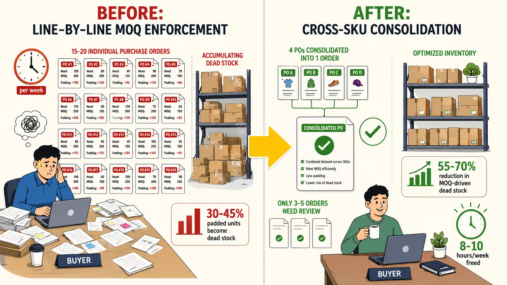 Before/after comparison: left side .  buyer reviews 15-20 MOQ exceptions per week, pads each to minimum, 30-45% of padded units become dead stock. Right side .  cross-order grouping engine combines 4 orders by supplier, collective quantity exceeds MOQ, only 3-5 exceptions need review, MOQ-driven dead stock drops 55-70%
