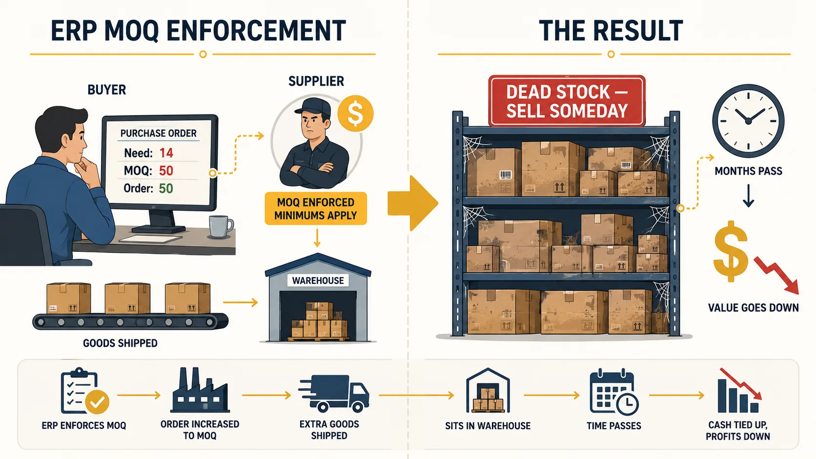 Split infographic: left side shows a buyer staring at an ERP screen with a purchase order for 50 units when only 14 are needed, supplier MOQ of 50 overrides actual demand, right side shows the 36 excess units moving directly to a dead stock shelf labeled sell someday