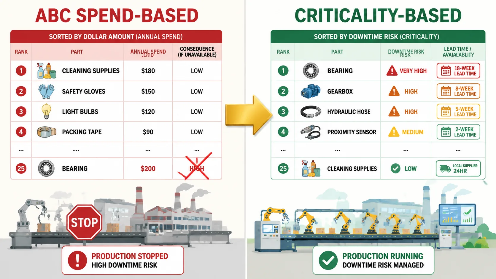 Before: ABC spend-based classification, ERP reorder logic treating all parts equally, 40-60% overstock, carrying cost $300-900K/year. After: downtime-risk criticality scoring, supplier lead time intelligence, 20-30% inventory reduction, $160K annual carrying cost recovery at 1,100 SKUs
