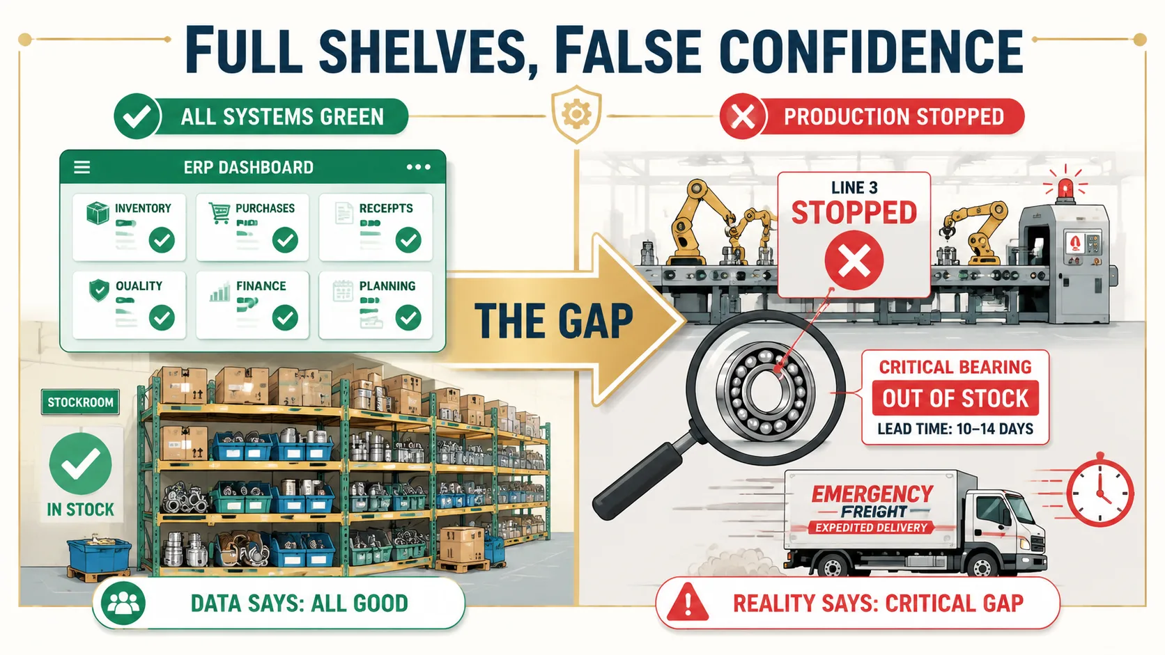 MRO stockroom: ERP dashboard showing green inventory levels while a critical bearing that stopped Line 3 sits at zero — the gap between what ERP counts and what downtime actually depends on