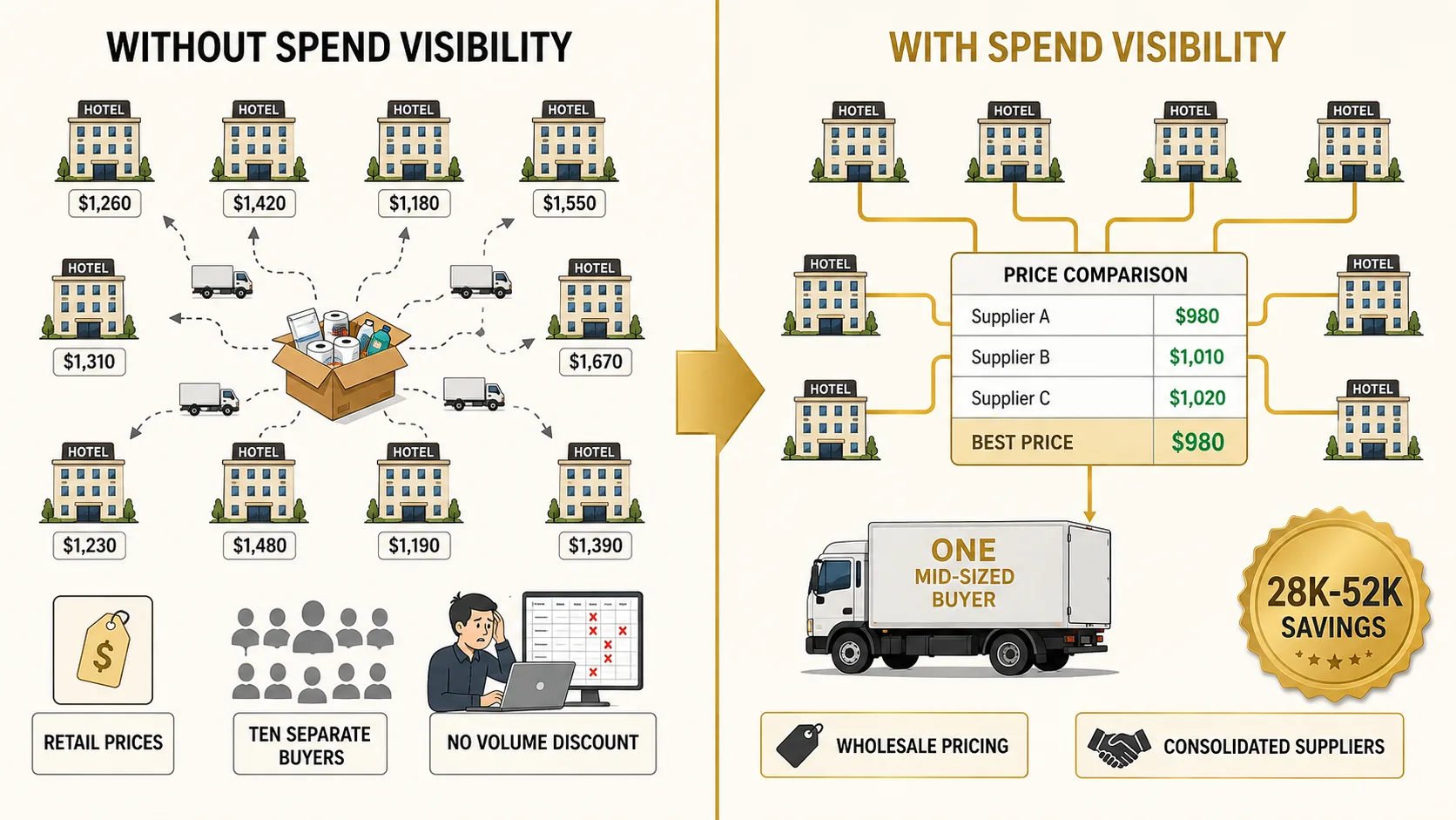 Before and after infographic: left side shows ten properties each buying the same supplies from different suppliers at different prices, right side shows the same properties with consolidated spend surfacing a 28K to 52K savings line