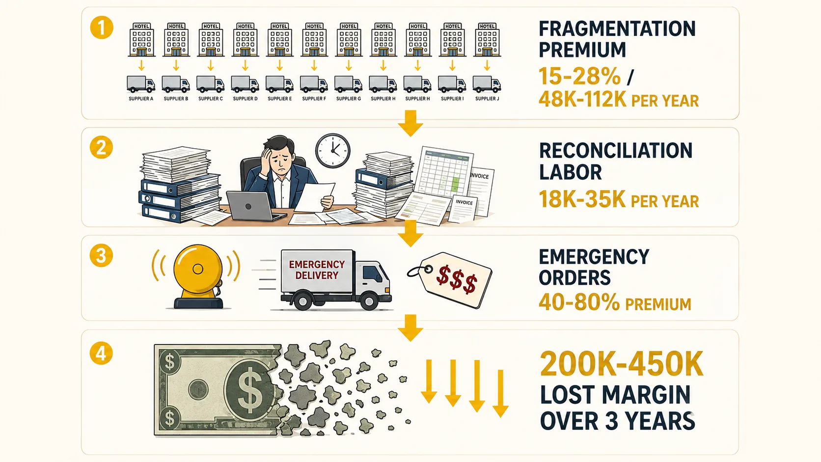 Vertical cost escalation infographic: 48K to 112K per year fragmentation premium at the top, 18K to 35K per year reconciliation labor plus emergency order premiums in the middle, 200K to 450K in lost margin over three years at the bottom, all flowing from per-property purchasing