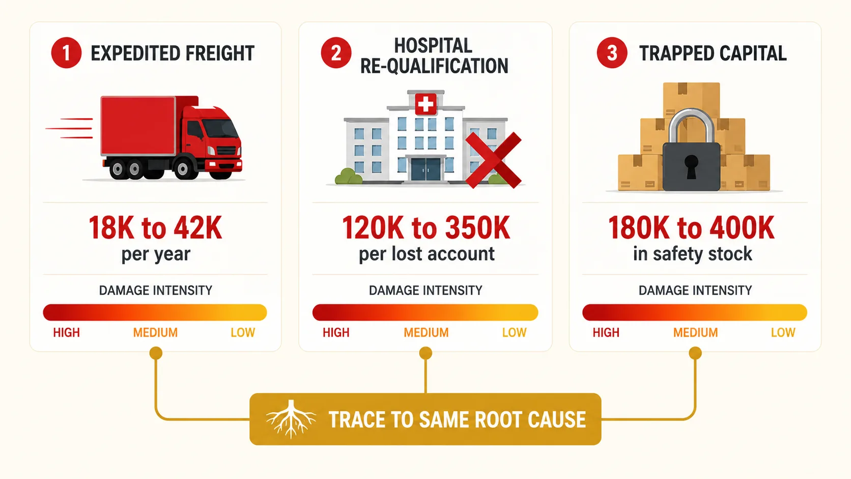 Cost breakdown chart showing three columns: expedited freight $18K-$42K (red), hospital re-qualification $120K-$350K (darker red), trapped working capital $180K-$400K (amber gold), with the total annual impact range highlighted in gold