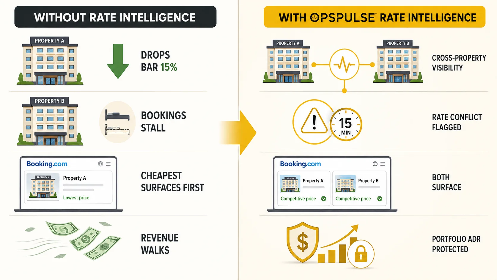 Split infographic: left side shows two hotel properties three miles apart, Property A drops BAR 15%, Property B holds rate, Booking.com algorithm surfaces cheaper Property A. Right side shows Property B bookings stall, ADR declines, revenue walks — cross-property conflict invisible to both PMS and channel manager.