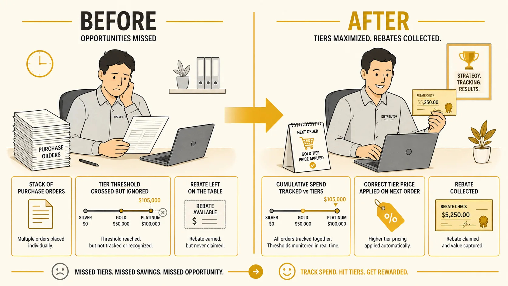Before and after infographic: left side shows a distributor paying the lower-tier price after crossing the threshold with an unclaimed rebate sitting untouched, right side shows cumulative spend tracked against tiers with the rebate recaptured and the correct tier price applied