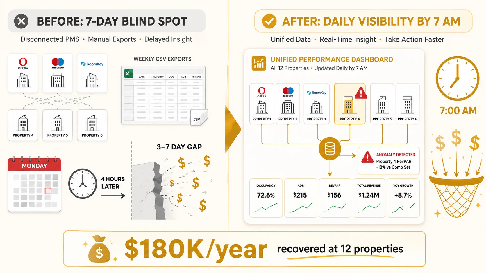 Before: 6 PMS instances, weekly CSV export, 3-7 day pricing blind spot, $400-600K annual bleed. After: daily cross-property snapshot by 7 AM, anomaly flags underpriced rooms while bookable, $180K recovered at 12-property scale