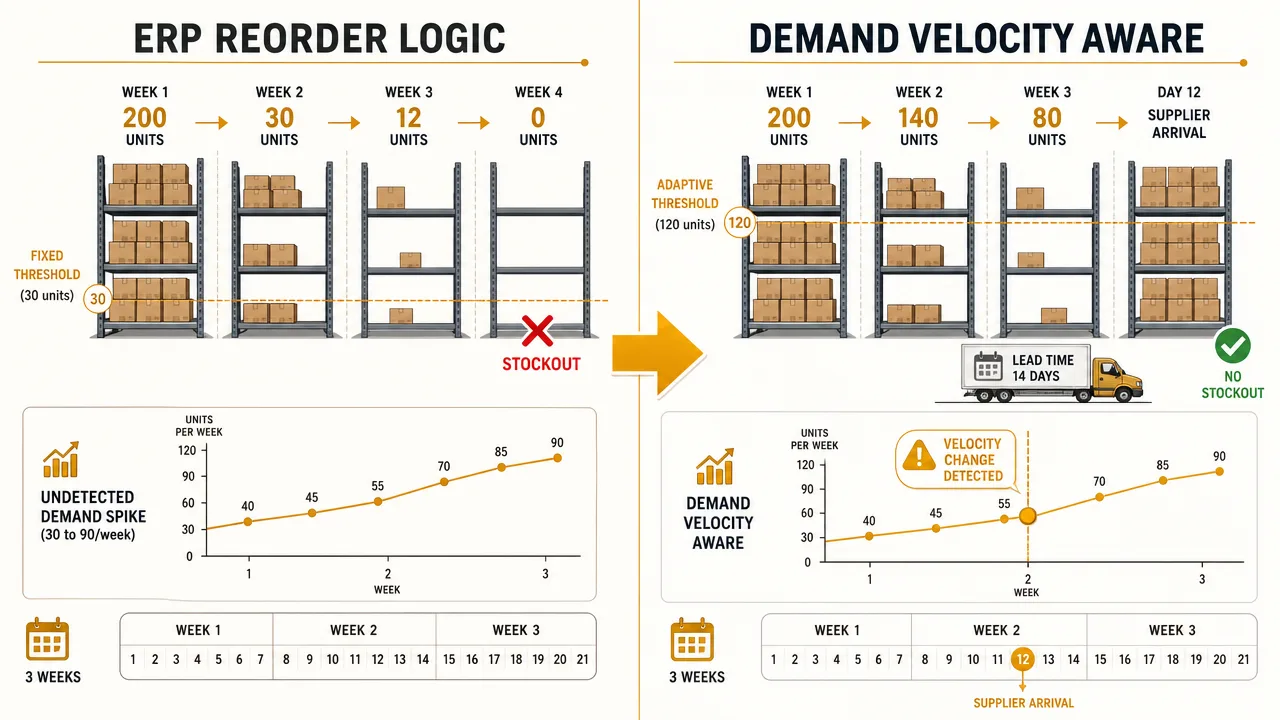 Demand velocity blind spot: ERP static reorder threshold vs actual accelerating demand curve leading to stockout
