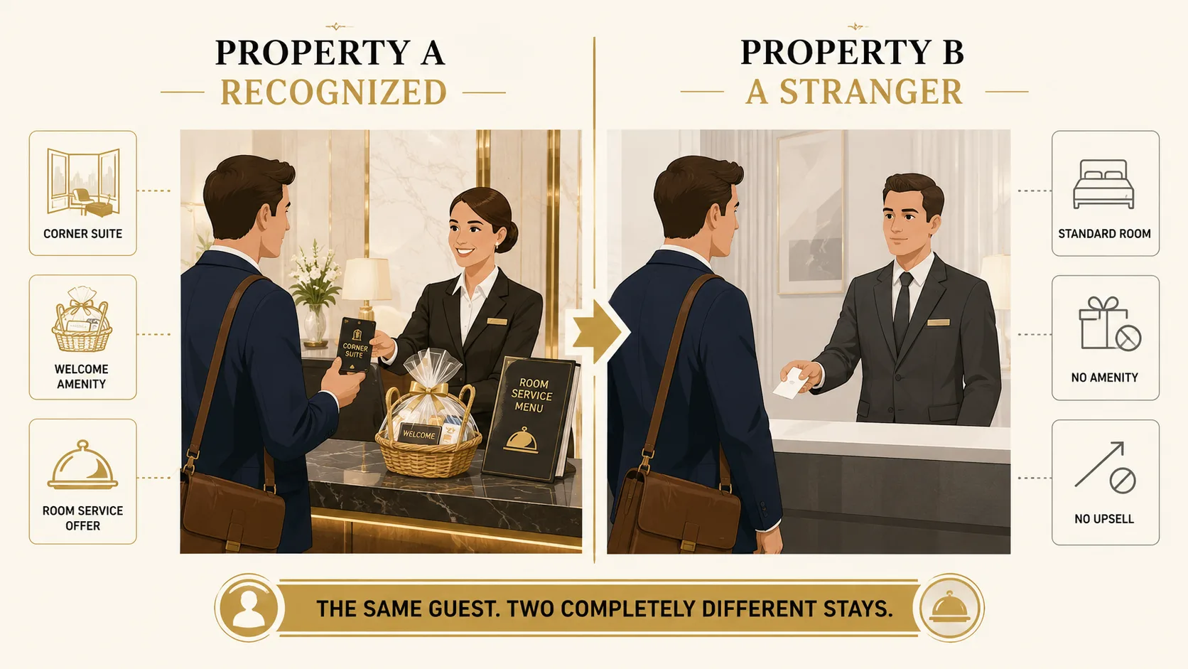 Split infographic showing the same guest at two sister properties: Property A recognizes the suite preferences with amenity and upsell offers, Property B treats the guest as a first-time standard room customer